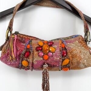 Mary Frances Beaded Gemstone Shoulder Bag Multi Color Exotic Skin Boho